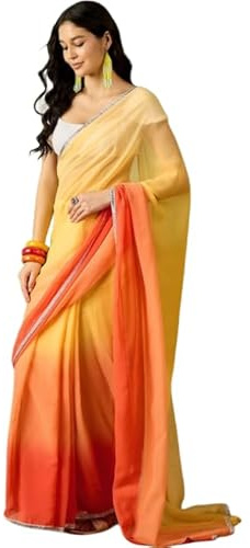 BE4ME.COM 1 Minute Ready Printed Chiffon Saree for Women Pre-stitched Sari with Unstitched Blouse (Yellow)