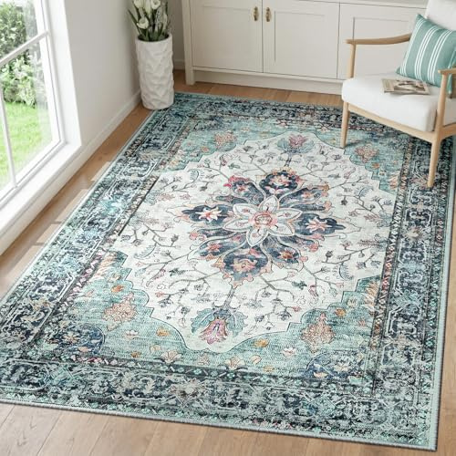 INOVADAY Machine Washable Rugs 90x150 cm Vintage Area Rug Low Pile Anti-Slip Carpet with Print Pattern for Living Room Bedroom Home Office Indoor Blue/Teal Green/Navy/Red