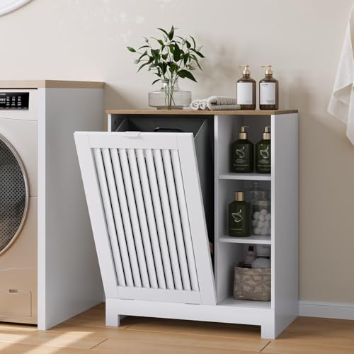 Smart FENDEE Gabinete inclinable para la ropa sucia con puerta con persiana, cesta de lona y 3 estantes laterales abiertos, armario de basura oculto, ideal para lavandería, cocina, baño, color blanco