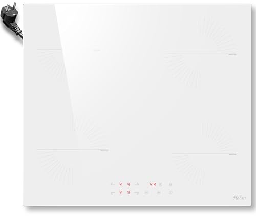 Hobsir Piano Cottura Induzione Bianco 4 Fuochi con Spina, Piastra Induzione da Incasso 60CM, Vetroceramica Bianca, Comandi Touch, 9 Livelli di Potenza, Timer e Sicurezza Bambini, 220V, 3500 W