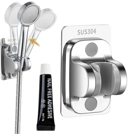 Soporte Alcachofa Ducha de Pared Sin Taladro, Soporte Cabezal Ducha Ajustable Acero Inoxidable SUS304, Gancho de Ducha Universal con Pegamento de Gran Sujeción, Plateado Brillante