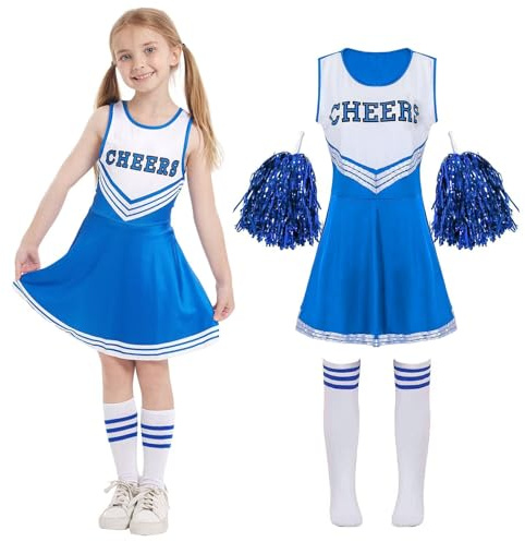 Cnexmin Disfraz de animadora, disfraz de cheerleader para niñas, uniforme de porrista, cosplay con pompones, mangas de animadora, para Halloween, carnaval, mascarada, 3-12 años, azul, 150 cm