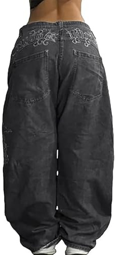 Jeans da Donna Stampata Baggy alla Moda Hip Hop con Tasche Stile Y2K Gotico Pantaloni a Gambe Larghe Vita Medio-Bassa Pantaloni Casual Comodi Streetwear