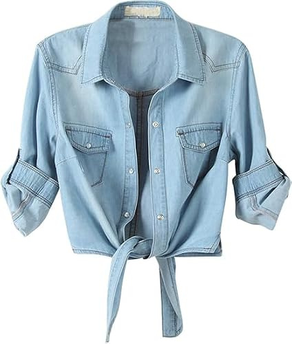 Omoone Womens Cropped Denim Jacket 3/4 Sleeve Tie Front Jean Blouse Top | Button Down, Lapel Collar, Lightweight, Soft Cotton, Cowgirl Jean Shirts, Maternity Friendly, Beach Vacation, All-Season Wear