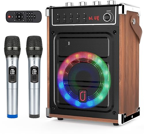 JYX Karaoke 2 Micrófonos Inalámbricos, Altavoz Karaoke Bluetooth 5.3 con 2 Micrófonos UHF, Karaoke Profesional con Ajuste de Bajos y Agudos, Luces LED, TWS, AUX, FM y Rec para Adultos y Niños