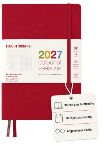 LEUCHTTURM1917 Veckokalender och anteckningsbok med prickade medium (A5) 2027, färgglada årstider, röd, tyska, inbunden kalenderöversikt 2026/2027/2028, planeringsöversikt 01.27-12.28