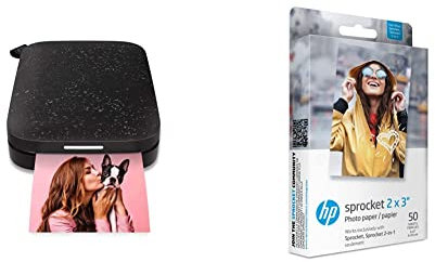 HP Sprocket Portable Photo Printer (Black Noirl) + HP 2x3 Premium Zink Photo Paper (50 Sheets) Compatible with HP Sprocket Portable Photo Printer