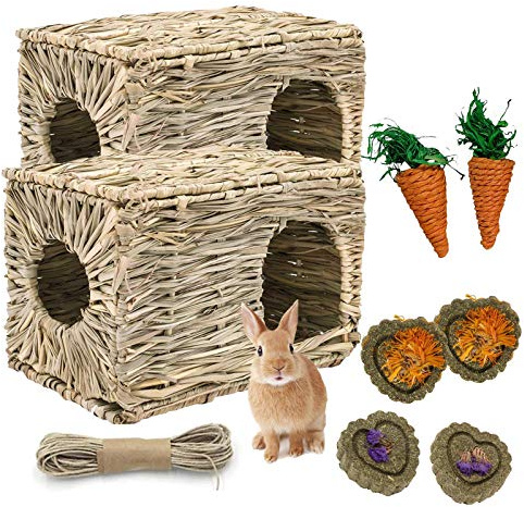 kathson 2 Pcs Rabbit Grass House Natural Foldable Hand Woven Seagrass Bed Carrot Hay Toy Hut Safe Comfortable Playhouse with 6 PCS Bunny Chew Toys for Bunny Hamster Guinea Pig Chinchilla Ferret
