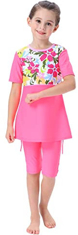 IBAKOM Kinder Kleinkind Mädchen Modest Bademode 2 Stück Burkini Langarm/Kurzarm Rash Guard Badeanzug Top Hose Strandkleidung Surfen Muslimisch Islamischer Badeanzüge 2# Rosa 4-5 Jahre