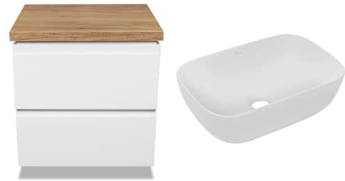 VBChome Badmöbel 50x40 cm Weiß Aufsatzwaschbecken ohne Hahnloch 46x33 cm Aufsatzwaschtisch Waschbeckenunterschrank mit Arbeitsplatte 2 Schubladen Moduo Badezimmerschrank Modern