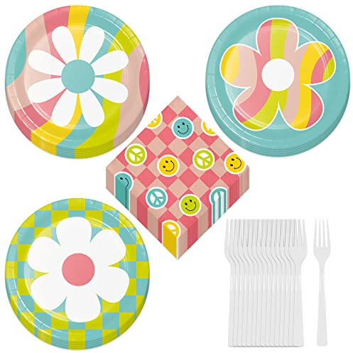Groovy Party Supplies, Retro Flower Dessert Plates, Napkins, Forks