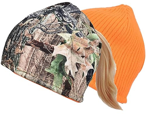 EDTREK Womens Performance Reversible Ponytail Beanie - Windproof Fleece Winter Hat for Hiking Hunting Fishing (Blaze Orange-in Deep Camo)