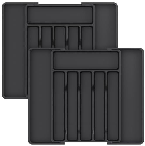 Lifewit Portaposate da Cassetto, Porta Posate Espandibile, Porta Posate Cucina Cassetto Regolabile in Resistente Plastica per Cucchiai, Forchette e Coltelli, Grande, 2 pacchi, Nero