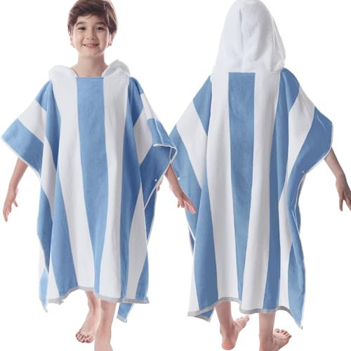 VOOVA & MOVAS Hooded Beach Towel for Big Kids | Large (8-16Years) Soft and Absorbent Cotton Poncho Towel Robe for Pool, Swim, and Bath, Light Blue Cabana Stripe
