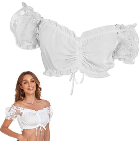 Blouse Dirndl Femme - Style traditionnel, blanc à manches courtes, parfait pour Oktoberfest, combinable avec n'importe quel Dirndl - Chemisier de costume à manches mi-longues en dentelle(Le Code m)