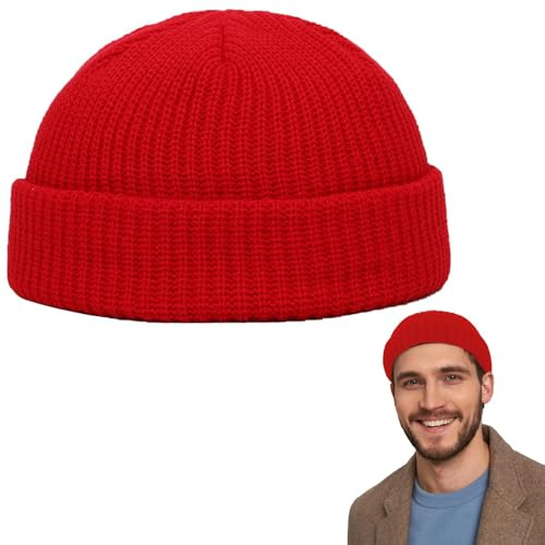 Comioke Bonnet de Trawler, Watch Cap, Beanie Hat, Fisherman Beanie, Bonnet de Pêcheur, Chapeau de Crâne à Revers, Unisexe d’Hiver de Pêcheur - Rouge