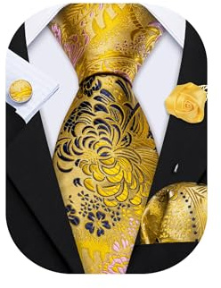 Barry.Wang Corbata floral con pin de solapa de flores para hombre, corbata de seda, pañuelo de bolsillo, gemelos, conjunto formal para bodas, fiestas y negocios, Taille unique