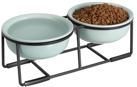 Comedero y Bebedero Elevado para Perros - Cuencos Dobles de Cerámica con Soporte Metálico para Comida y Agua - Ideal para Gatos y Perros Pequeños - 2 x 375 ml - Verde