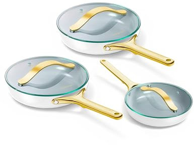 Caraway Ceramic Nonstick Fry Pan Set with Glass Lids – Includes Two 10.5” Fry Pans, One 8” Fry Pan, & Three Lids - Non Toxic, PTFE & PFOA Free - Oven Safe & Compatible with All Stovetops - White