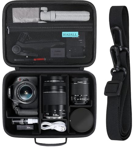 RAIALL Sac pour Appareil Photo Canon EOS 2000D/4000D DSLR Caméra/250D/R50/R50V/R100/R5/R7/R8/R6 Mark II/für Sony Alpha 6000 6300 6400 6700/ ZV-E10 Caméra sans Miroir, Objectif, trépied, Noir