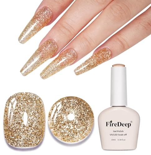 Firedeep 10ml Hema Free Glitter Gel Nail Polish Soak Off Long Lasting Gold Gel Polish Salon DIY at Home Gift for Women 1Pcs