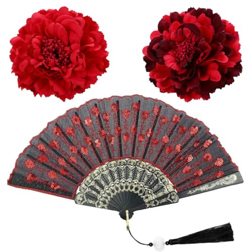 KIRZAX 2 épingles à cheveux pivoines rouges et 1 éventail, fleurs artificielles, style flamenco, grandes pinces à griffes pour cheveux épais et fins, pinces à cheveux de plage tropicale pour femmes