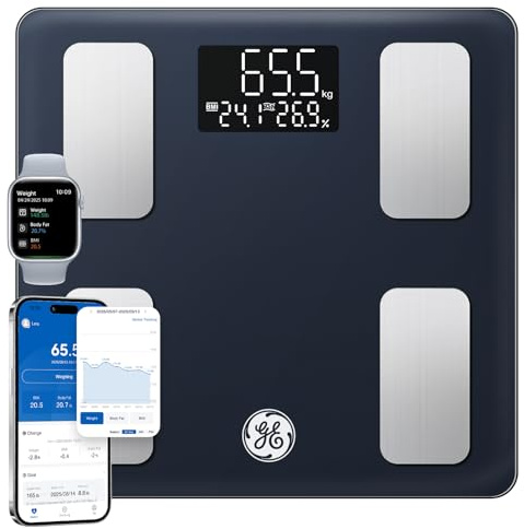 GE Balance Pese Personne Intelligent, Pese Personne Masse Graisseuse et Muscle IMC 13 Mesures Corporelles Balance Connectée Haute Hrécision avec Grand Écran 180 kg