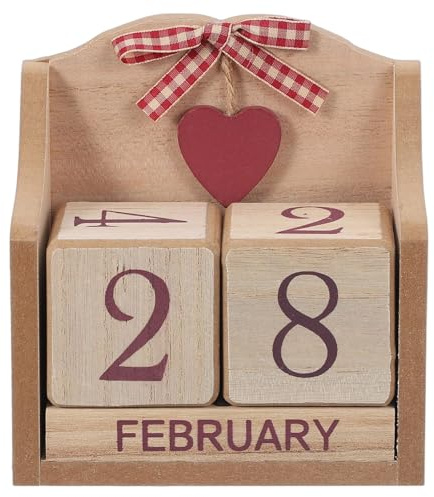 sourcing map Wooden Desk Calendar, Wood Block Perpetual Calendar Vintage with 5 Blocks & Heart Reusable Month Date Display for Desk Office Home Desktop Decoration, Natural