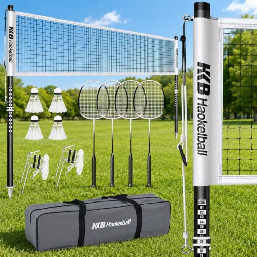 Haokelball Outdoor Badminton Net Set with Anti-Sag Winch System - 20ft Badminton Net, 4 Rackets, 3 Shuttlecocks & Carry Bag, Badminton Set for Backyard, Grass, Beach, Holiday Games