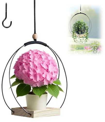 Hängeblumentopf mit Holzsockel, Blumenampel Hängend Innen mit Haken, Hängetopf für Pflanzen, Moderne Boho Hängetopf für Pflanzen, Schwarze Hängende Pflanzgefäße, für Wände, Decken, Garten, Balkon