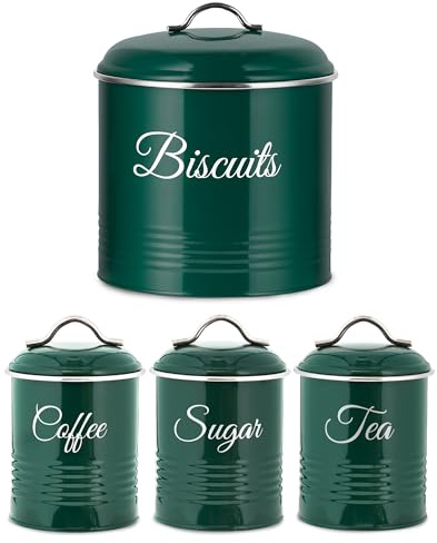 Innoteck Airtight 5.3L Biscuit Tin with Lid & Tea Coffee Sugar Canisters Set of 3 – Metal Cookie Jar and Food Storage Containers for Freshness and Organisation, Green