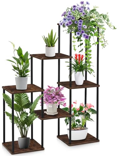 Vyranut Soporte para Plantas de Interior y Balcón | Portaplantas Ahorra Espacio de Varios Niveles con Efecto Madera, Estructura Metálica Estable, Montaje Fácil