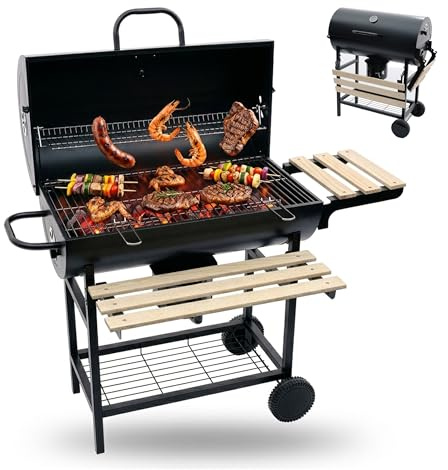 Relaxdays kolgrill med lock & termometer, 95x114,5x69 cm, grillvagn | pulverlackerat stål