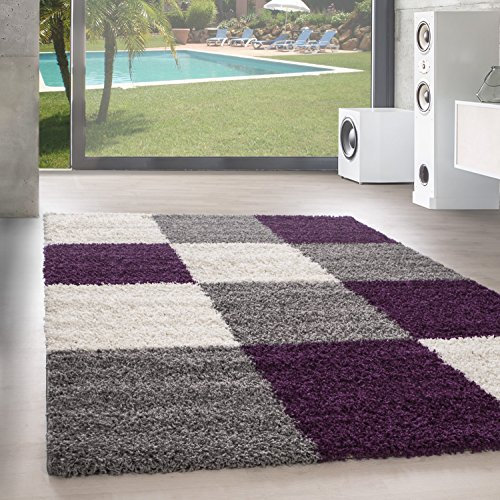 SIMPEX Teppich Wohnzimmer Shaggy Moderne Kariert Design Violett 160 x 230 cm - Hochflor Teppich Schlafzimmer Extra Weich und Pflegeleicht - Flauschiger Teppich Langflor für Küche Carpet Living Room