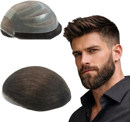 NLW European Remy Human Hair Toupee for Men, Front Lace Combined with PU Base Men's Toupee, Freestyle Breathable Hair Replacement System, 8x10 Inch Colour Dark Brown