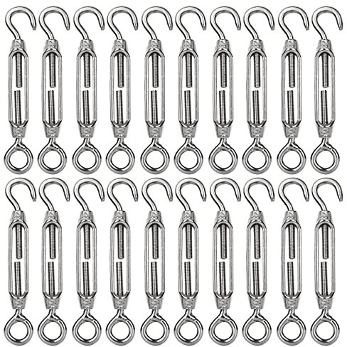 AHUNTTER 20PCS Turnbuckle Wire Tensioner M4 Heavy Duty 304 Hook & Eye Rope Cable Tension Set Adjustable Garden Wire Tensioner Kit for Clothesline Railing Decking Plants Fence - Silver
