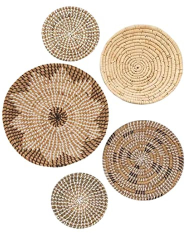 Boho Wandkorb Dekoration, Satz von 5, runde Seegras geflochtene Körbe, geometrisches Design böhmische hängende Dekorationen für Wohnzimmer, Büro, Schlafzimmer-Wände
