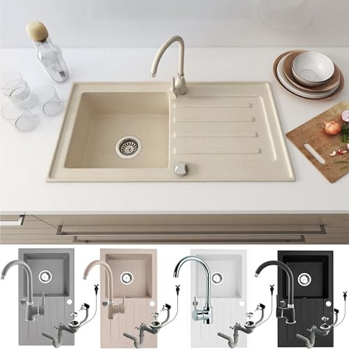 Faizee Möbel | Hochwertiges beidseitig montierbares Granitspülen-Set 75 x 44 cm in Beige – Küchenspüle mit Armatur und Siphon