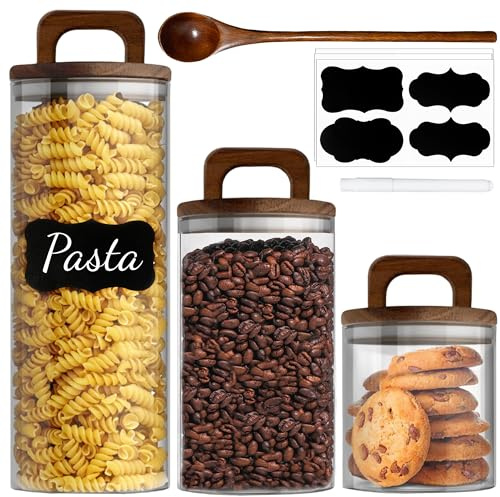 BIKALAN Vorratsgläser mit Holzdeckel 3er Set, Vorratsglas mit Deckel Luftdicht, Aufbewahrung Kaffeebohnen Behälter, Vorratsdosen Glas für Spaghetti, Pasta, Nudeln, Mehl