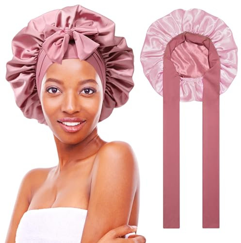 Gorro Saten Pelo Rizado,Doble cara Gorro de Dormir de Satén Gorra de Noche de Banda Ancha Elástica Cubierta de Cabeza,Reutilizable Gorros de Satén para Pelo Rizado con Banda Ancha Elástica para Niñas
