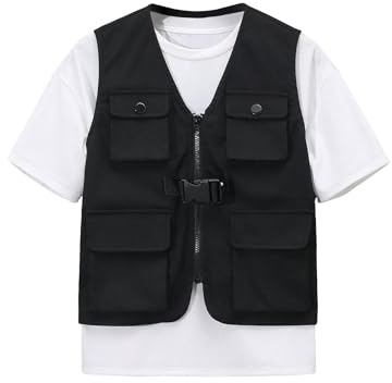 Verdusa Boy's Flap Pocket Zipper Up Sleeveless Casual Cargo Vest Jacket Outerwear Black 9Y