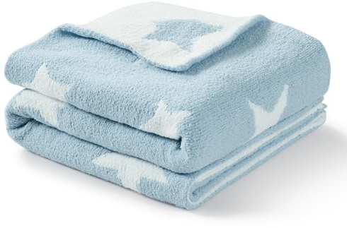 CREVENT 75cmX100cm Cozy Soft Warm Chenille Baby Blanket for Girls Boys, Newborn Essentials for Infant, Baby Shower Receiving Gift - Blue Star
