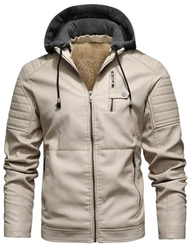 Oanviso Giacca Pelle da Uomo Giacca Moto Giacca Antivento con Cappuccio Invernale Giacche Outdoor Parka di Pelle PU Slim Fit Giubbotto Manica Lunga Biker Giacca E Beige M