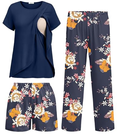 Ekouaer 3 PCS Maternity Nursing Pajamas Set Postpartum Breastfeeding Short Sleeve Shirts, Pregnancy Shorts & Pants Pjs Navy Blue Print L
