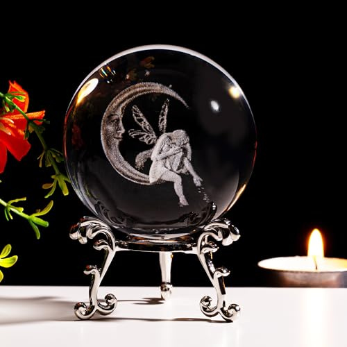 SAHOOTTIE 60mm 3D Moon Fairy Crystal Ball Fairy Glass Ball Paperweight Fairys Ornaments for Living Room Tinkerbell Gifts Fairy Figurines Gifts for Women