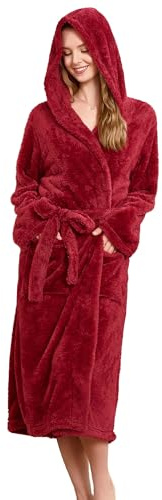 EK4YDNDS Plush Lightweight Hooded Robes For Women, Soft Warm Long Fleece Bathrobe for Women Lounge Spa Robe(BURGUNDY,2XL/3XL)