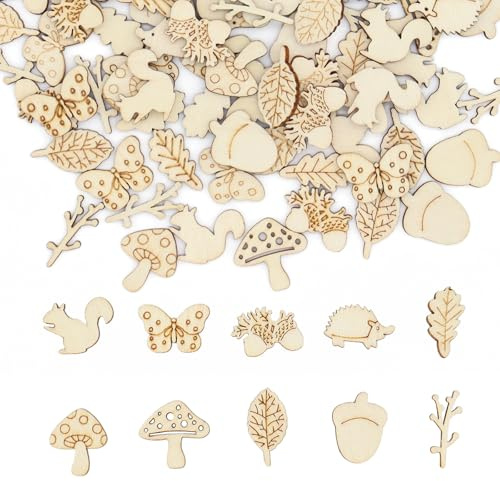 MBSIVSA 100 Pezzi Decorazioni Autunnali in Legno, Decorazione Fai Da Te per Artigianato, Mini Sagome in Legno a Tema Autunnale per Ornamenti Decorazioni