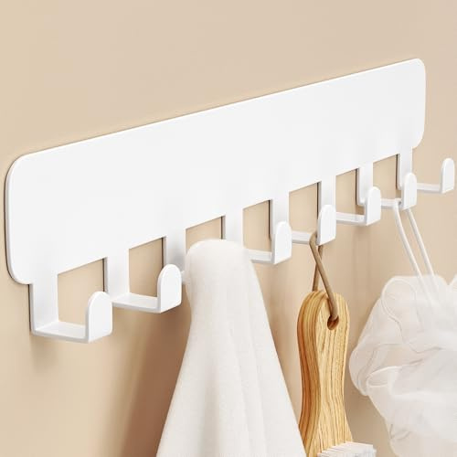 Josmimic Key Hook Wall Mount, Self Adhesive Metal Key Rack with 8 Hooks, No Drill Wall Key Hanger for Entryway, Kitchen, Office, White