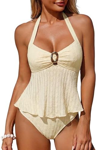 ZAFUL Halter Tankini Swimsuits for Women Lace O-Ring Cut Out Two Piece Tummy Control Swimsuits Bathing Suits (1-Apricot, M)