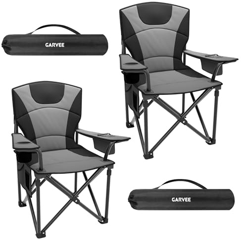 GarveeLife 2er Campingstuhl faltbar bis 200 KG belastbar, Ultragroßer Angelstuhl 64 cm mit hoher Rückenlehne & Polsterung, Camping Stuhl Sessel inkl. Tragetasche für Garten Balkon Strand Schwarz/Grau